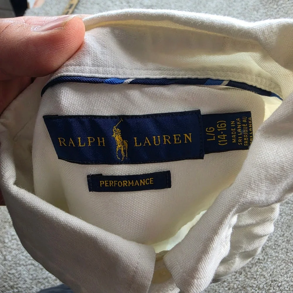 Ralph Lauren Performance Shirt Boys L 14-16 White Cotton Blend Preppy S/S